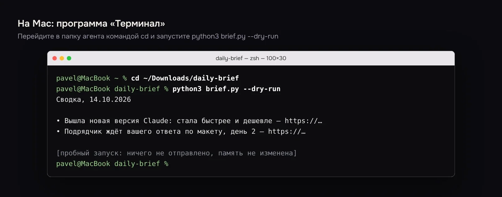 Пробный запуск агента в «Терминале» на Mac
