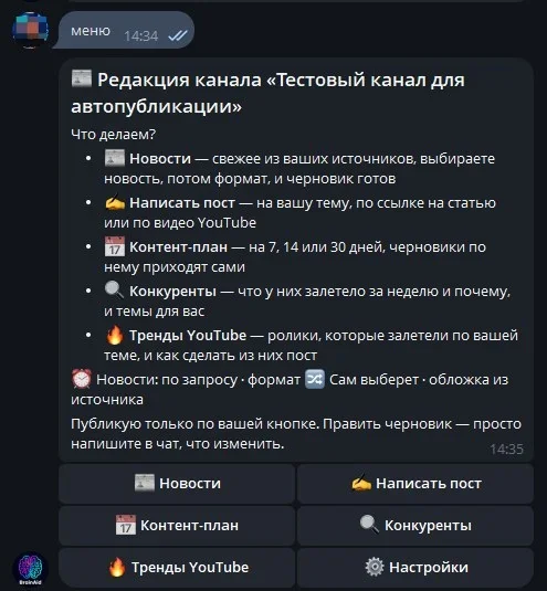 Меню «Редакции канала» в BrainAid