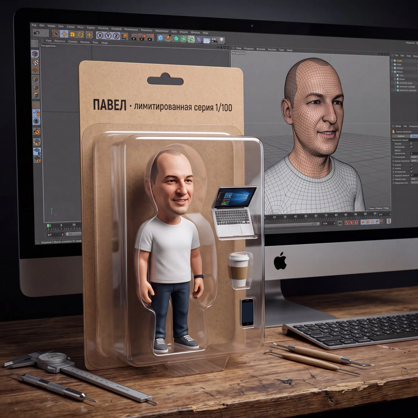 Результат: фигурка с подписью на русском, аксессуары и даже 3D-модель головы на мониторе